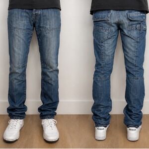 Enzo Mens Euro Straight Leg Paneled Denim Jeans Blue Medium Wash 32L